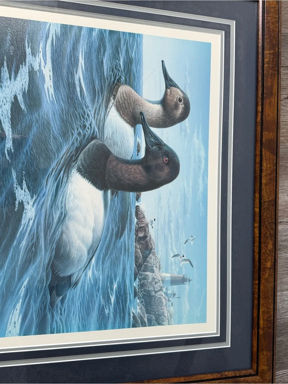 Rob Leslie 1989 Vintage Print Framed Ducks In Ocean Seagulls Numbered And Hand